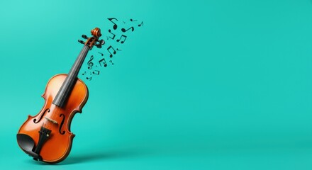 Fototapeta premium Violin releasing musical notes on turquoise background