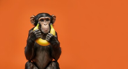 Fototapeta premium Chimpanzee holding banana against orange background, staring forward