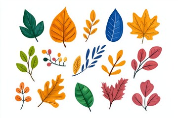 Obraz premium Colorful illustration of various leaves, showcasing vibrant hues of orange, green, and blue in a whimsical design.