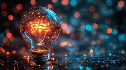 Glowing Light Bulb with Intricate Internal Filaments Against a Bokeh Background