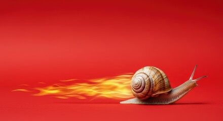 Snail with flames against red background, symbolizing speed