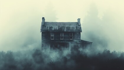 Mysterious old house shrouded in fog, creating an eerie atmosphere.
