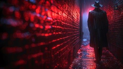 Mysterious figure in a long coat and hat walking down a dark alley