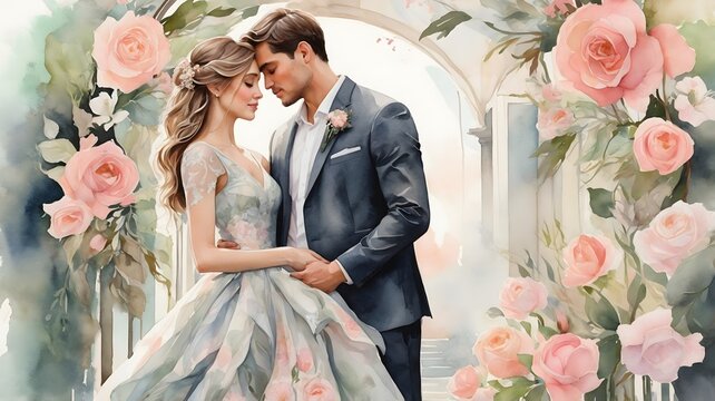 Picture of a wedding couple with flowers, wedding invitation