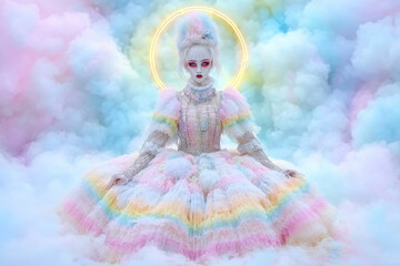 Fototapeta premium Ethereal fantasy: dreamlike portrait of a woman in rainbow cloud dress and halo