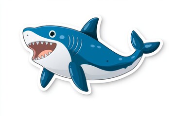 Fototapeta premium Cute cartoon shark illustration with a big smile and vibrant blue colors, perfect for kids' designs.