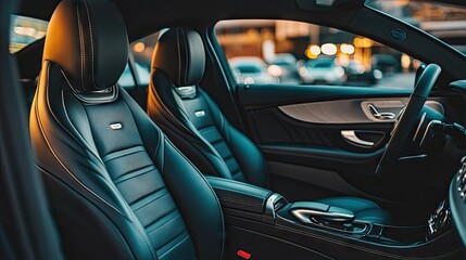 Black leather car seats with polished metal details, exuding luxury and comfort, showcased in a modern luxury vehicle.