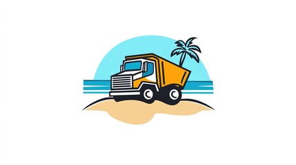 Dynamic logo design featuring a dump truck on sandy terrain, representing strength and reliability in construction and earthmoving industries. The logo highlights the dump truck's robust features 