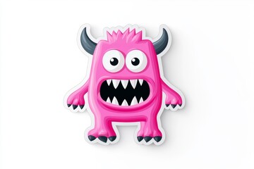 Fototapeta premium A cheerful pink monster cartoon with big eyes and sharp teeth, standing confidently against a white background.