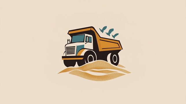 Dynamic logo design featuring a dump truck on sandy terrain, representing strength and reliability in construction and earthmoving industries. The logo highlights the dump truck's robust features 