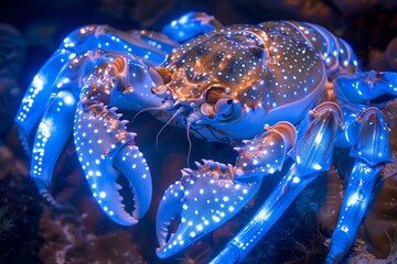 A bioluminescent crab glows brightly in the dark.