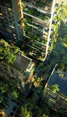 Obraz premium Modern Eco-Friendly Urban Complex with Green Roofs and Solar Panels for Sustainable Living