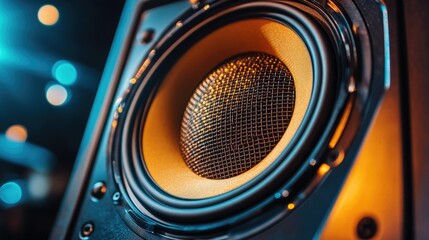 Close-up of a high-end acoustic speaker with the speaker cone and grille in sharp detail, set against a clean, minimalistic background.
