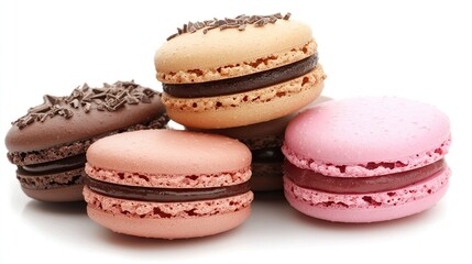 Fototapeta premium Close-up of a stack of macarons, with flavors like chocolate, vanilla, and raspberry, beautifully isolated on a white background.