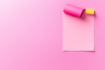 A colorful arrangement of sticky notes on a vibrant pink background, featuring a rolled pink note and a bright yellow square.