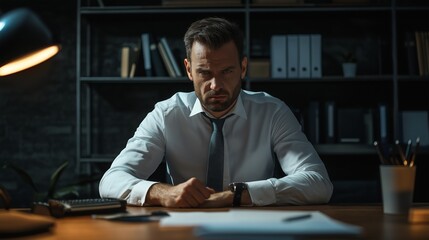 Angry boss sitting on his desk glaring at the camera