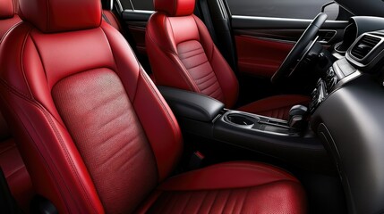 Obraz premium Close-up of hand-stitched leather seats with perforated detailing in a premium car interior, highlighting comfort and craftsmanship.