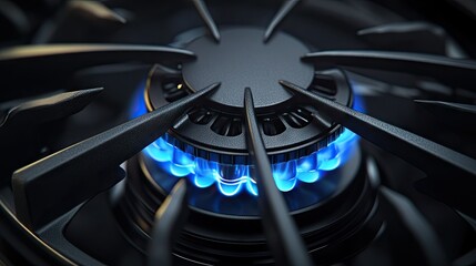 Close-up of the burner on a modern gas cooker, showing the intricate design of the cast iron grates and the glowing blue flame beneath.