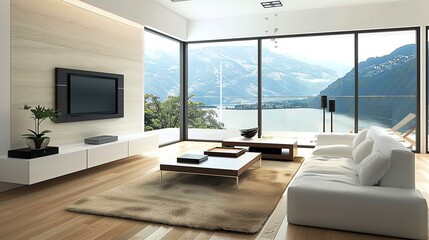 A modern living room with a white couch and large windows overlooking a lake and mountains.