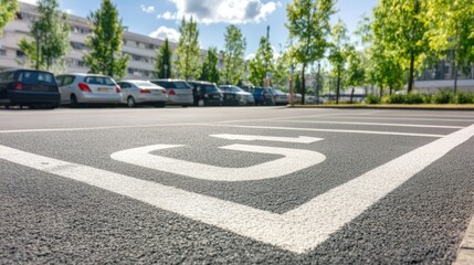 Obraz premium Close-up of white parking space markings on a dark asphalt surface, with no cars in sight and a bright, sunny day overhead.