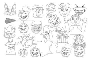 Fun Halloween-themed coloring page featuring cute monsters, pumpkins, bats, witches, and haunted houses. Perfect for kids activities.