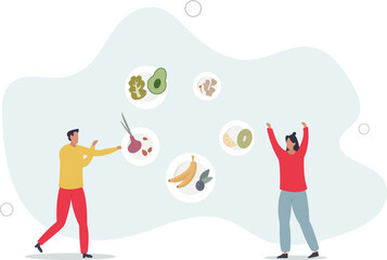 Superfoods as healthy products eating for health benefits.Essential supplements, nutrients and essential ecological food meals.flat characters.