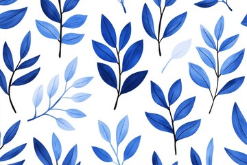 A vibrant pattern of blue leaves showcases various shapes and hues against a clean white background.