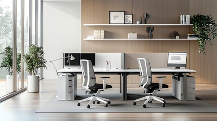 A modern office with two desks and chairs facing each other.