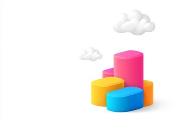 Obraz premium Colorful 3D geometric shapes with soft clouds against a minimalist white background.