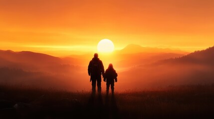 Two silhouetted figures stand on a grassy hill, watching a vibrant sunset over a mountainous landscape