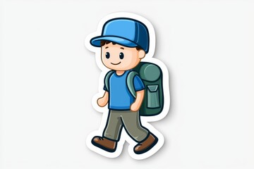 A cheerful young boy of mixed ethnicity, wearing a blue cap and shirt, walks with a backpack.