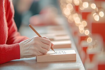 Celebrating Seollal: People Writing Wishes on Wooden Ema Plaques During Lunar New Year Festivities