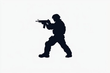 Silhouette of a soldier in action, poised with a weapon, embodying strength and determination.
