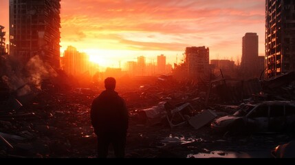 Fototapeta premium Desolate urban landscape at sunset with a figure standing in the foreground, surveying the wreckage of cars and collapsed buildings