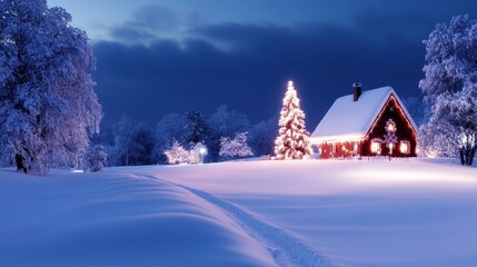 Obraz premium A cozy red house with a glowing Christmas tree stands on a snowy hill at dusk