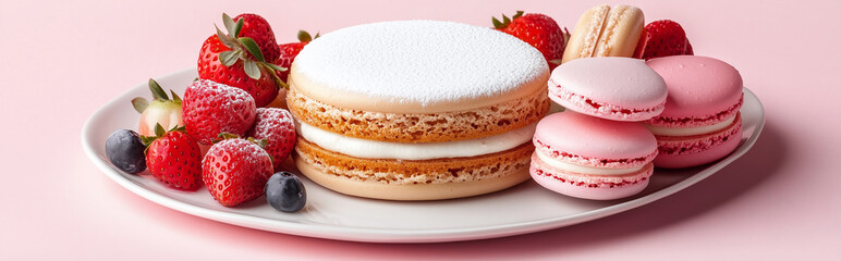 Fototapeta premium Elegant French macarons and strawberry cake beautifully arranged on a white porcelain plate, with a light dusting of powdered sugar on a soft pink background, perfect for dessert lovers 