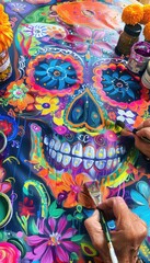 Fototapeta premium Vibrant Sugar Skull Art in Progress for Día de los Muertos Celebration