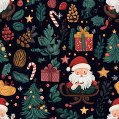 A festive holiday pattern featuring Santa, Christmas trees, gifts, and various seasonal decorations on a dark background.