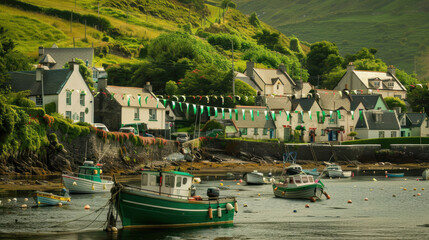 Picturesque Irish Coastal Village with Decorated Fishermen's Boats for St. Patrick's Day Celebration