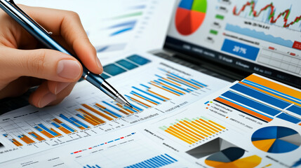Obraz premium Professional analyzing financial reports on a modern desk with charts displayed on a laptop screen in a bright office environment, focusing on business data interpretation and decision-making.