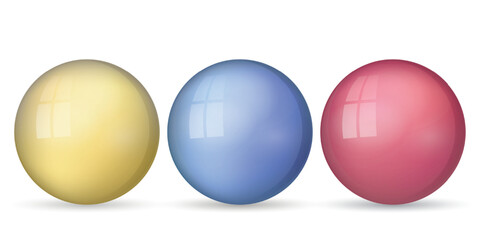 Set with glass colorful balls. Glossy realistic ball, 3D abstract vector illustration highlighted on a white background. Big metal bubble with shadow