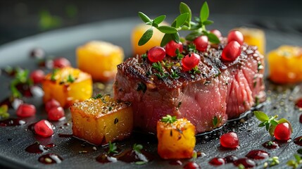 Gourmet Seared Steak with Pomegranate and Golden Potato Cubes: A Culinary Delight Perfect for Upscale Dining and Gourmet Recipe Inspirations.