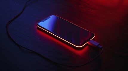 A smartphone with a glowing red outline is plugged into a charging cable on a dark surface.