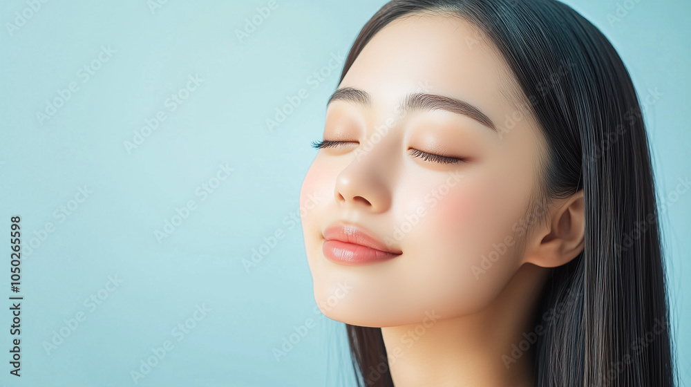 Aufkleber 若い綺麗なアジア人女性モデルの横顔。輝いている美肌にフォーカスした美容ポートレート。