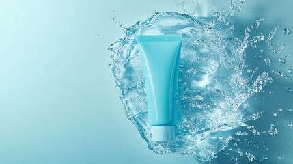 A top view of a tube of moisturizing cream submerged in water, set against a light blue background. The clear water enhances the cream's texture, creating a fresh and inviting look,