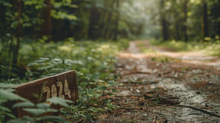 A close-up of a forest road with '2024' carved into a wooden sign, wooded setting with lush greenery, Rustic style