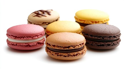 Fototapeta premium Macarons in a variety of colors and flavors, scattered across a plain white background, highlighting their rich, vibrant tones.