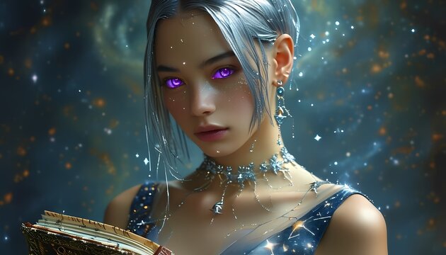 Asha is an enigmatic character with shimmering metallic hair in silver and gold.