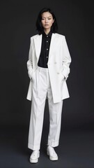 Portrait of a stylish asian model stands confidently in a chic white suit paired with a black shirt against a dark background