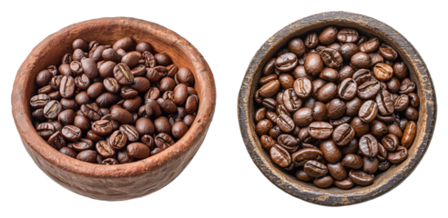 Coffee Beans in Rustic Bowl, Isolated on Transparent Background, Suitable for Cafe Branding, Coffee Packaging